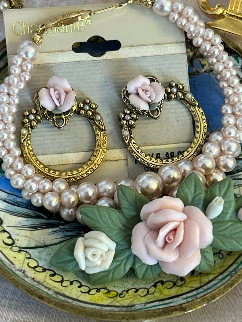 Jewelry bundle Pink Pearl bracelet, Gold tone hoop Rose earrings Flower Brooch